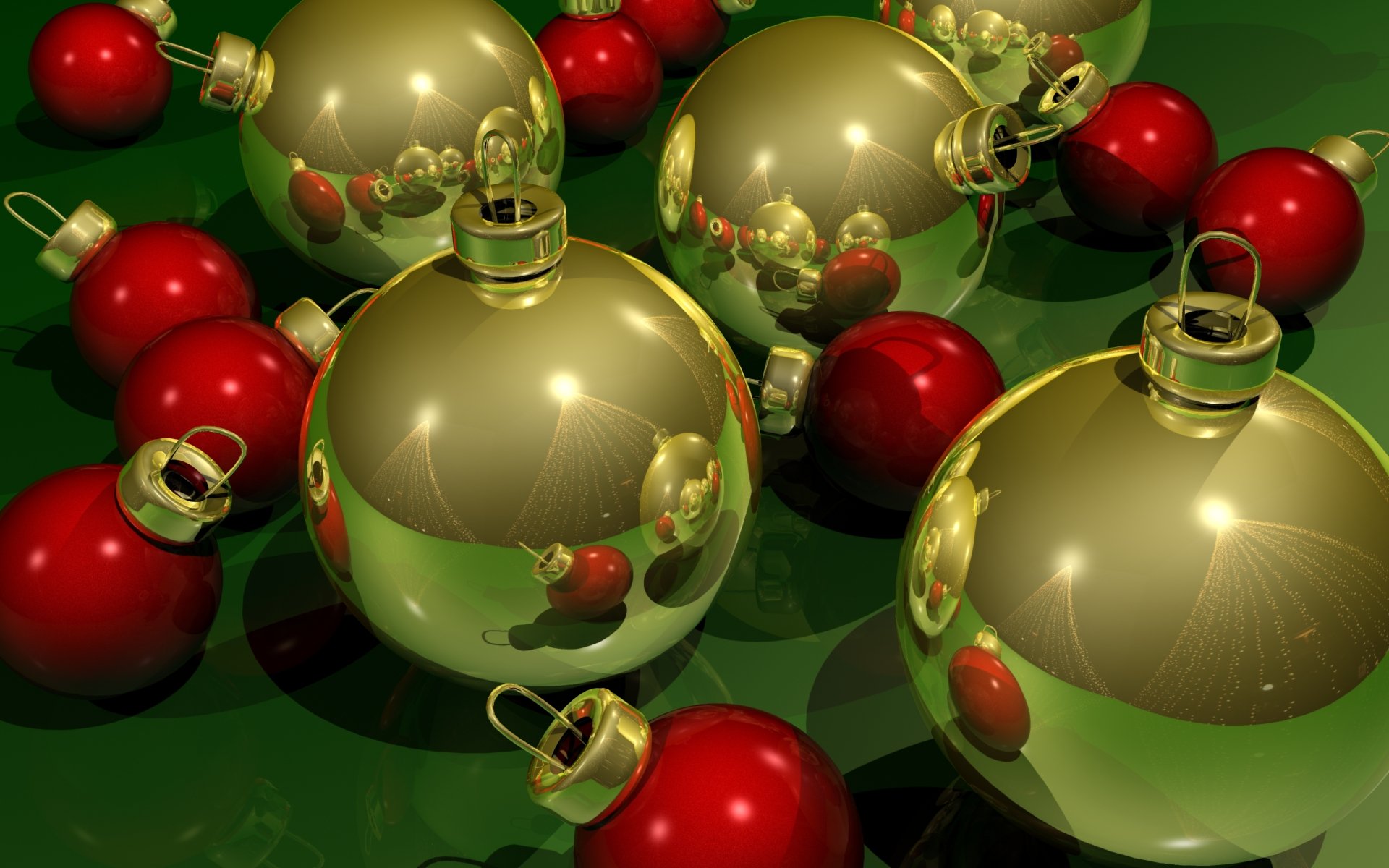 A vibrant HD wallpaper featuring shiny gold and red Christmas ornaments scattered on a green background, capturing the festive spirit of the holiday season.