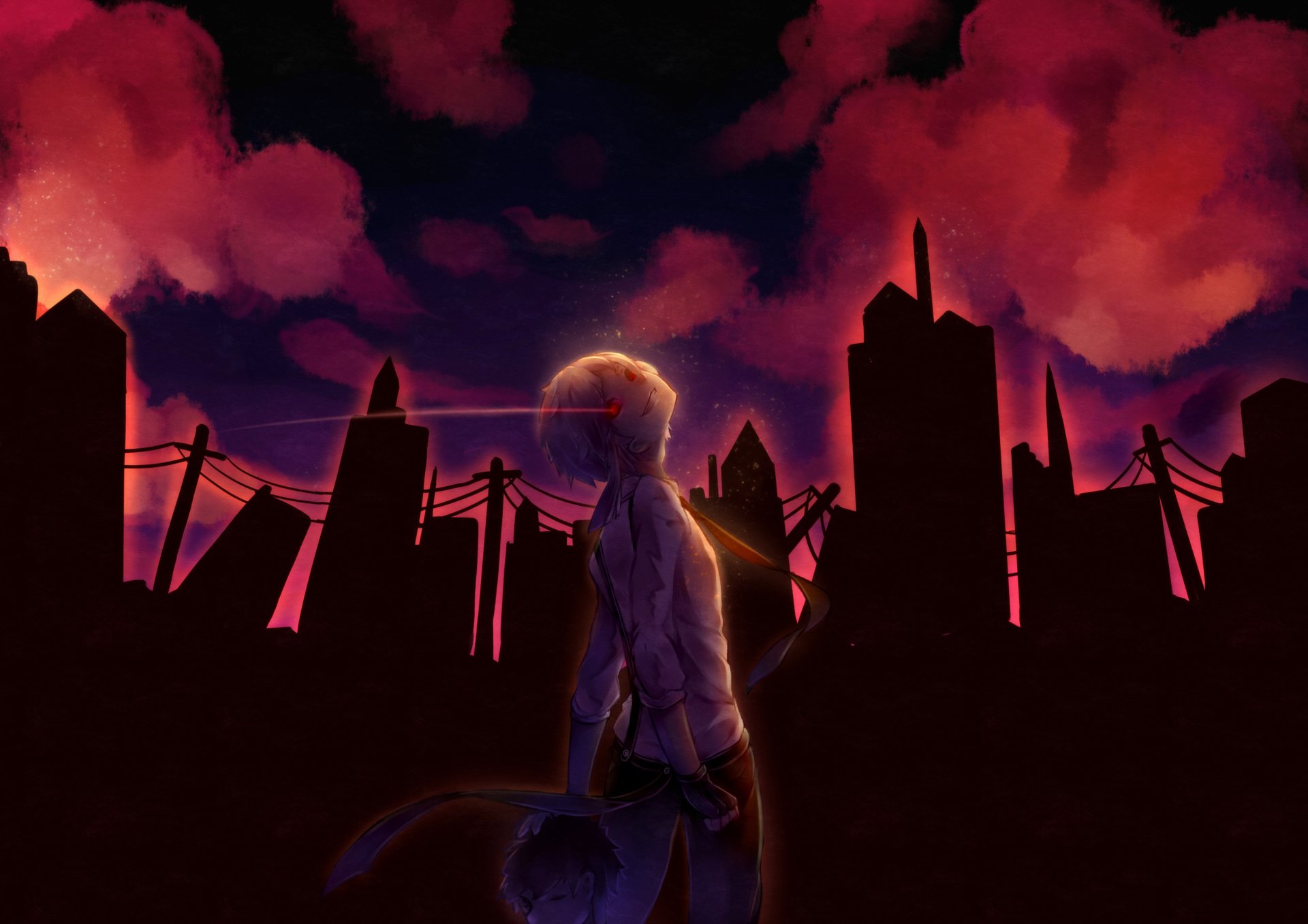 HD PC desktop wallpaper featuring Atsushi Nakajima from the anime Bungou Stray Dogs against a dark city skyline with a dramatic red and purple sky.
