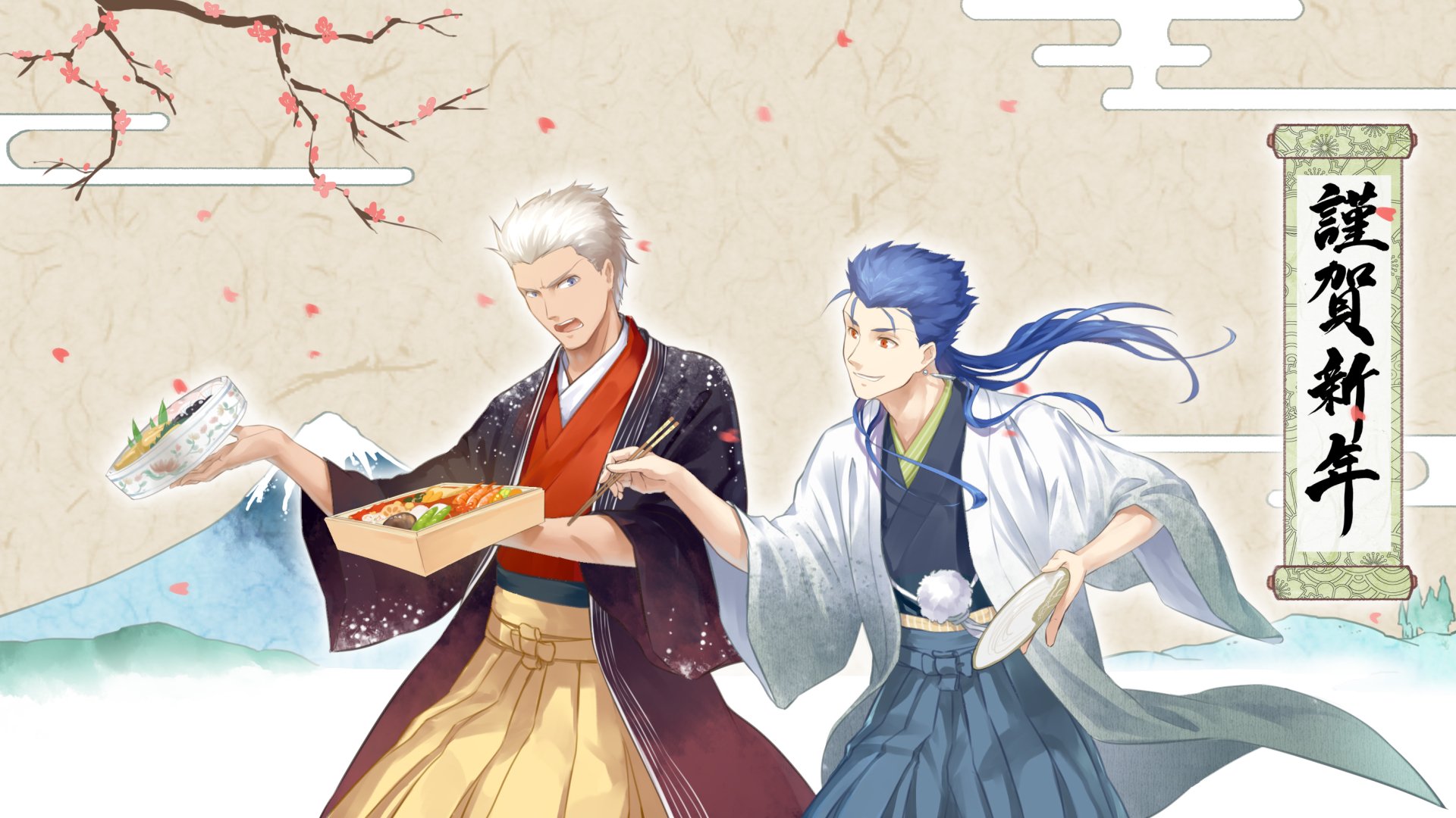 EMIYA (Archer) and blue-haired Cu Chulainn (Lancer) in traditional kimono, sharing New Year food amid plum blossoms — anime 2K Quad HD desktop wallpaper from Fate/Stay Night: Unlimited Blade Works.