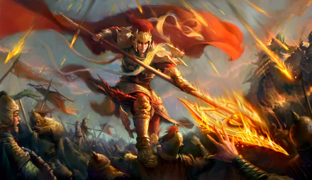 4K Ultra HD PC desktop wallpaper: an armored oriental fantasy warrior leaps into battle, fiery spear raised as soldiers clash and banners swirl in a dramatic war scene.