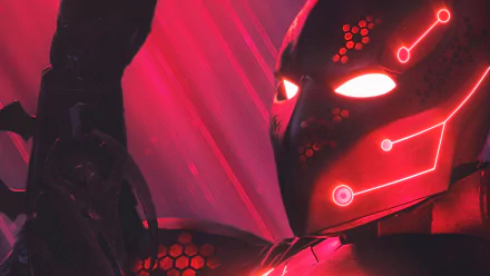 Close-up 4K Ultra HD wallpaper of Batman Beyond, featuring the illuminated futuristic mask and red glowing accents from the TV show.