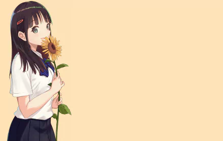Anime girl in a school uniform holding a sunflower on a warm beige backdrop — 2K Quad HD PC desktop wallpaper and background.