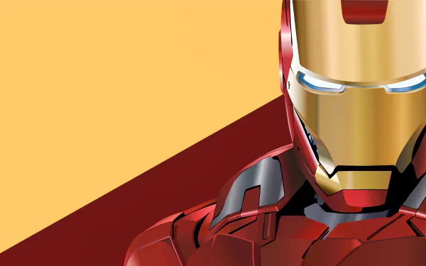HD desktop wallpaper featuring a vibrant, stylized illustration of Iron Man, also known as Tony Stark, from the comics. The background is divided diagonally with yellow and red sections, complementing Iron Man's suit.