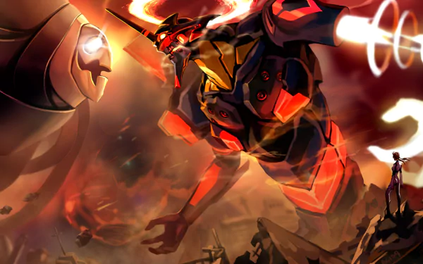 HD PC desktop wallpaper featuring Evangelion Unit-01 from Neon Genesis Evangelion in a dynamic battle scene from Evangelion: 2.0 You Can (Not) Advance anime.
