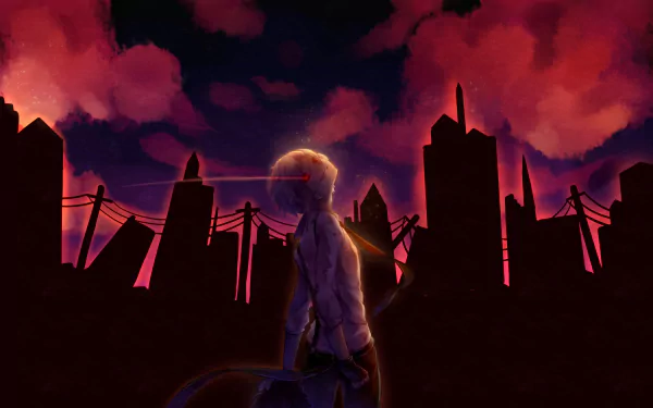 HD PC desktop wallpaper featuring Atsushi Nakajima from the anime Bungou Stray Dogs against a dark city skyline with a dramatic red and purple sky.