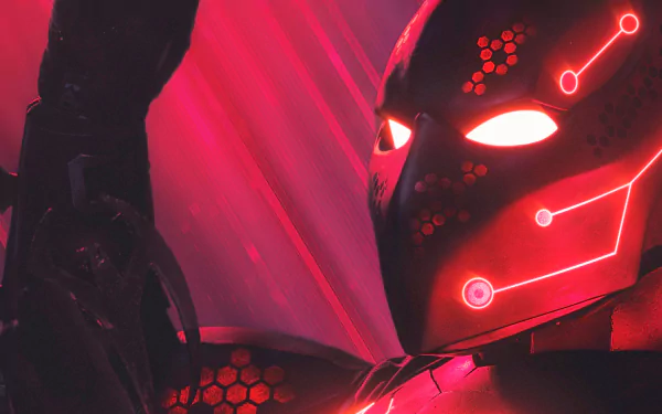 Close-up 4K Ultra HD wallpaper of Batman Beyond, featuring the illuminated futuristic mask and red glowing accents from the TV show.