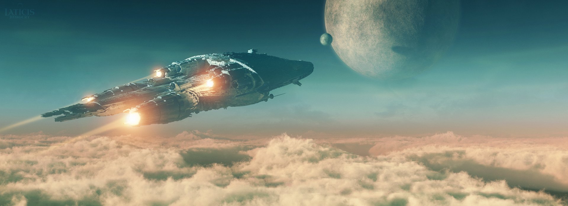 HD sci-fi desktop wallpaper featuring a detailed spaceship flying above clouds with a large planet and moon in the distant space background.