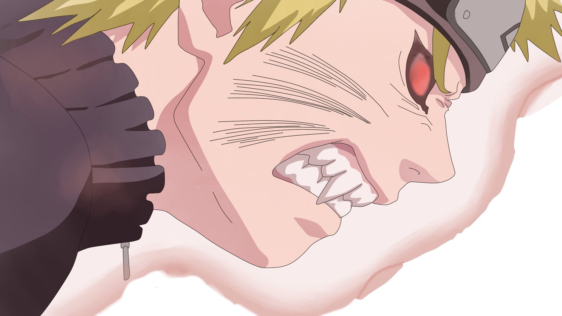 HD PC desktop wallpaper featuring Naruto Uzumaki from the anime Naruto, showcasing an intense close-up of his fierce expression with glowing red eyes.