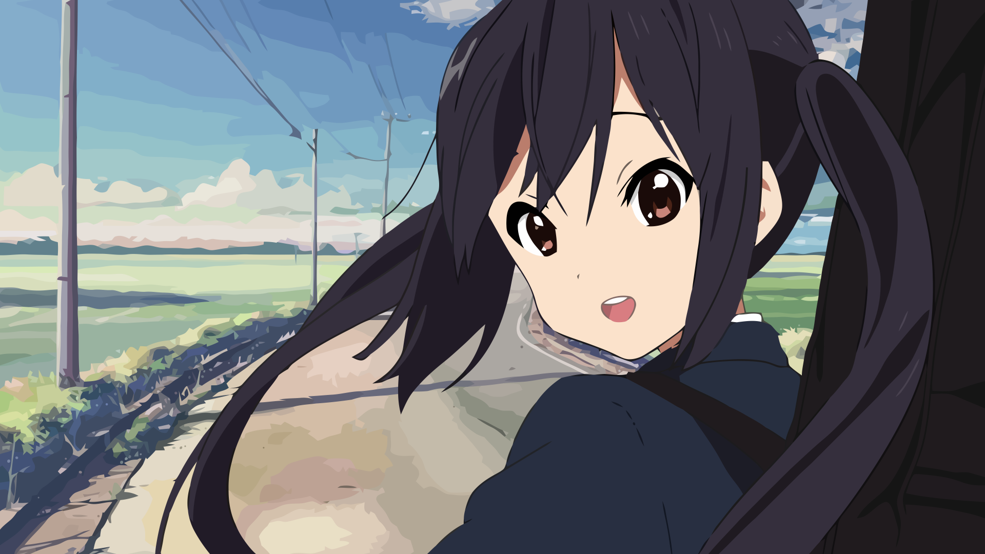 Azusa Nakano from K-ON! looking back with a smile on a sunlit coastal road — anime 8K Ultra HD PC desktop wallpaper.