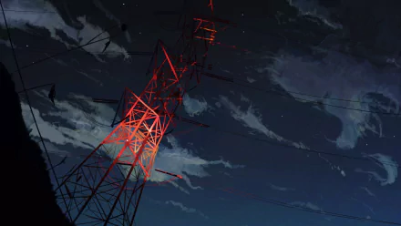 HD anime night landscape featuring a glowing red power line tower against a cloudy sky, designed as an original PC desktop wallpaper background.