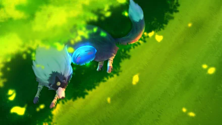 HD desktop wallpaper featuring Ranga and Rimuru Tempest from the anime That Time I Got Reincarnated as a Slime, lying under a tree with dappled sunlight on lush green grass.