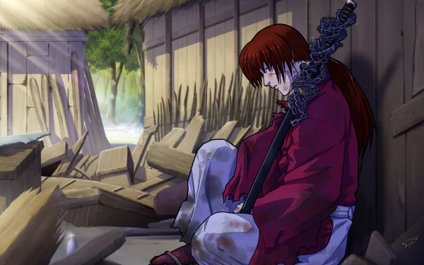 HD PC desktop wallpaper featuring Kenshin Himura from the anime Rurouni Kenshin, seated in a sunlit, partially ruined building with his sword resting beside him.