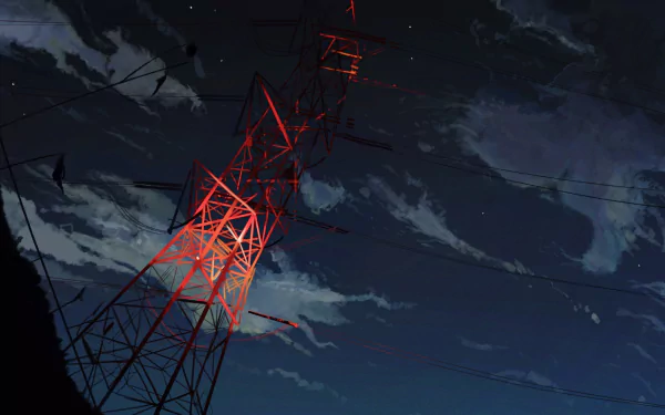 HD anime night landscape featuring a glowing red power line tower against a cloudy sky, designed as an original PC desktop wallpaper background.