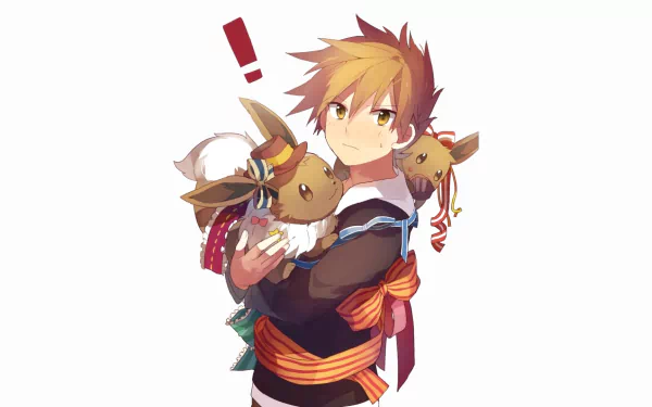 HD desktop wallpaper featuring Green from Pokémon holding two Eevee, inspired by the classic Pokémon: Red and Blue video game.