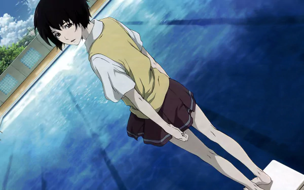 HD PC desktop wallpaper of anime character Lisa Mishima standing on a pool diving block, glancing back over reflective blue water.