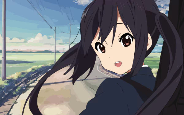 Azusa Nakano from K-ON! looking back with a smile on a sunlit coastal road — anime 8K Ultra HD PC desktop wallpaper.