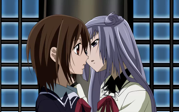 Yuki Kuran and Maria Kurenai from Vampire Knight share an intimate moment in this 4K Ultra HD yuri anime wallpaper, featuring detailed character art and a moody background.