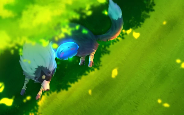 HD desktop wallpaper featuring Ranga and Rimuru Tempest from the anime That Time I Got Reincarnated as a Slime, lying under a tree with dappled sunlight on lush green grass.