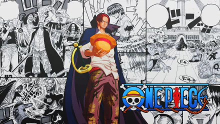HD One Piece anime wallpaper featuring Shanks in vibrant color against a black-and-white manga panel background with the One Piece logo at the bottom right.