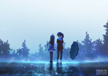 Anime-style yuri scene featuring two girls standing in the rain, one holding an umbrella, set against a misty forest background in 4K Ultra HD.