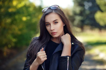 leather jacket brown eyes long hair brunette sunglasses depth of field woman model HD Desktop Wallpaper | Background Image