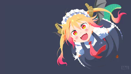 Minimalist HD desktop wallpaper featuring Tohru from Miss Kobayashi's Dragon Maid with fangs, horns, and dragon tail. Anime character in vector art on a dark background.