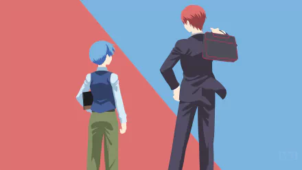 Minimalist 4K Ultra HD vector art of Karma Akabane and Nagisa Shiota from Assassination Classroom, designed as an anime PC desktop wallpaper with bold contrasting colors.