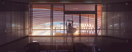 HD anime desktop wallpaper featuring Hatsune Miku from Vocaloid, sitting in a modern room with expansive windows overlooking a serene sunset.