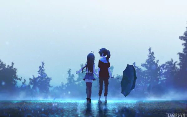 Anime-style yuri scene featuring two girls standing in the rain, one holding an umbrella, set against a misty forest background in 4K Ultra HD.