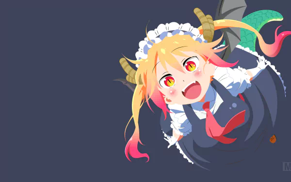 Minimalist HD desktop wallpaper featuring Tohru from Miss Kobayashi's Dragon Maid with fangs, horns, and dragon tail. Anime character in vector art on a dark background.