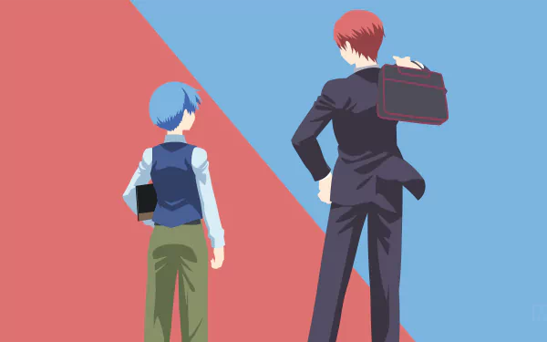 Minimalist 4K Ultra HD vector art of Karma Akabane and Nagisa Shiota from Assassination Classroom, designed as an anime PC desktop wallpaper with bold contrasting colors.