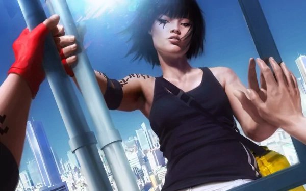 A high-definition desktop wallpaper featuring a character from the video game Mirror's Edge, showcasing a dynamic urban scene with vibrant cityscape elements in the background.