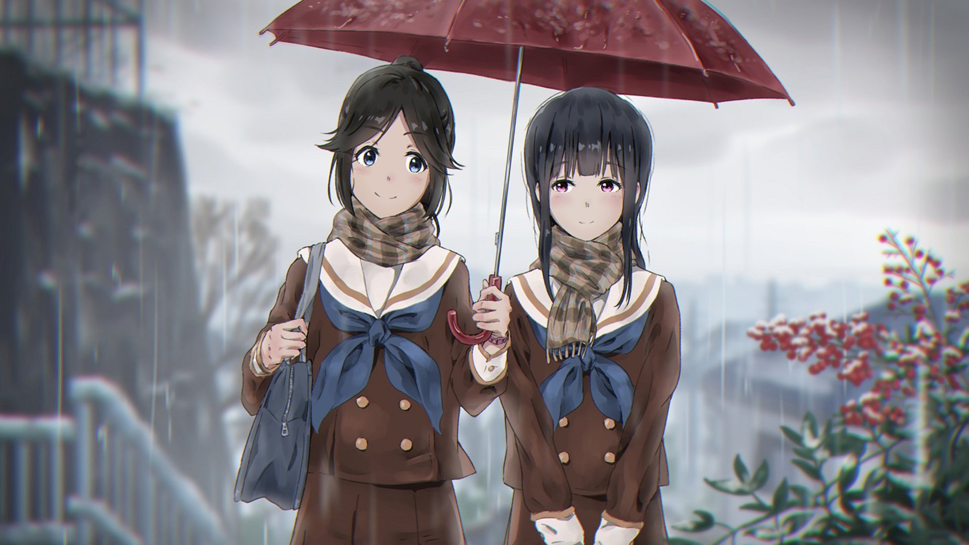 Anime-style HD desktop wallpaper featuring Mizore Yoroizuka and Nozomi Kasaki from Sound! Euphonium standing together under a red umbrella in a rainy setting.