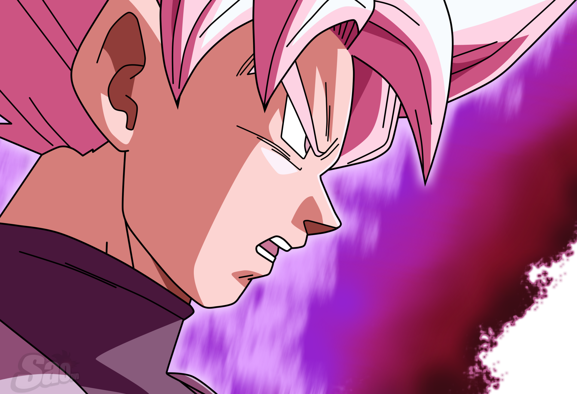 Anime Dragon Ball Super 2K Quad HD PC desktop wallpaper background: close-up of Goku Black in Super Saiyan Rosé with pink hair and a glowing purple aura.
