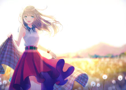 Anime girl with blue eyes and long brown hair, smiling and blushing, holding a cloth in a flower field. She is wearing a wristwatch, a white top, and a red skirt. HD desktop wallpaper and background.