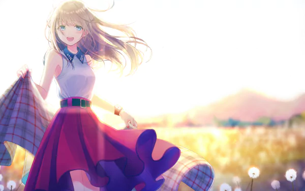 Anime girl with blue eyes and long brown hair, smiling and blushing, holding a cloth in a flower field. She is wearing a wristwatch, a white top, and a red skirt. HD desktop wallpaper and background.
