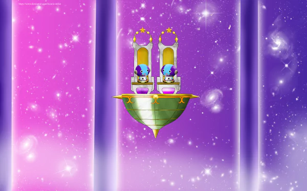 4K Ultra HD PC wallpaper: Anime — Dragon Ball Super's Zeno twins seated on golden thrones atop a floating platform against a sparkling purple galaxy backdrop.