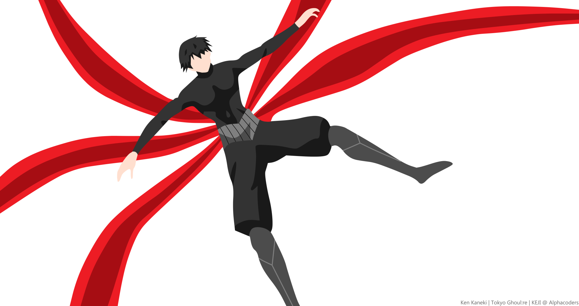 Minimalist 8K Ultra HD anime desktop wallpaper of Ken Kaneki (black hair) from Tokyo Ghoul: flowing red kagune tendrils radiate from his back.