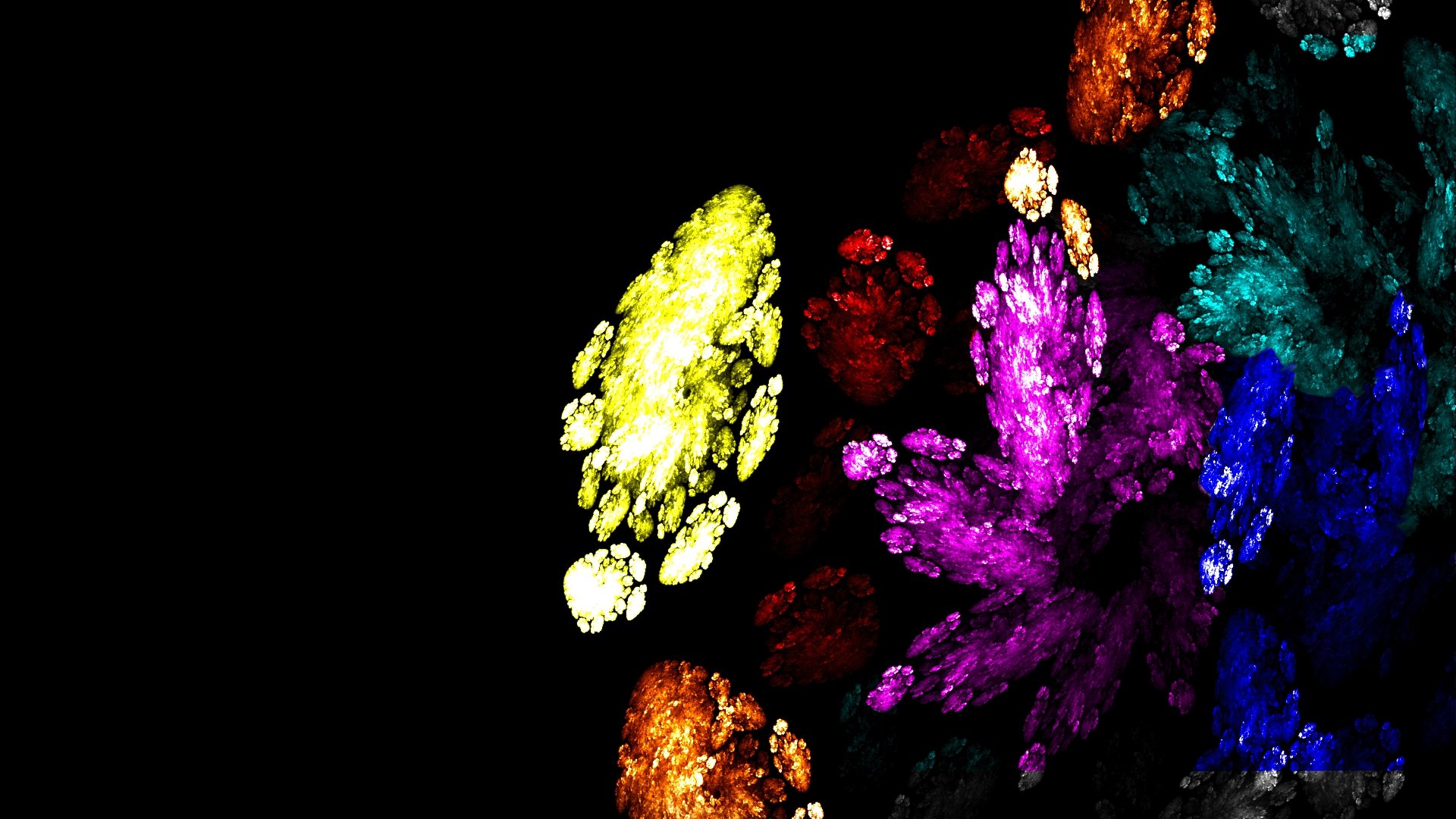 An abstract composition featuring vibrant colors against a dark background, creating a striking visual effect suitable as an HD desktop wallpaper or background.