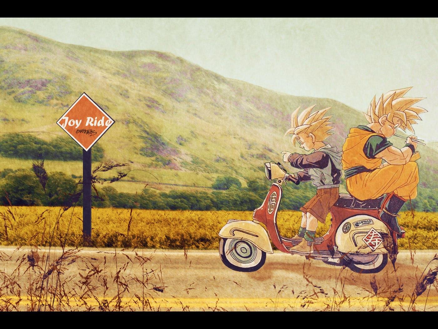 Gohan and Goku from Dragon Ball Z ride a scooter through a scenic landscape, with a Joy Ride sign visible, creating a nostalgic and adventurous anime backdrop.
