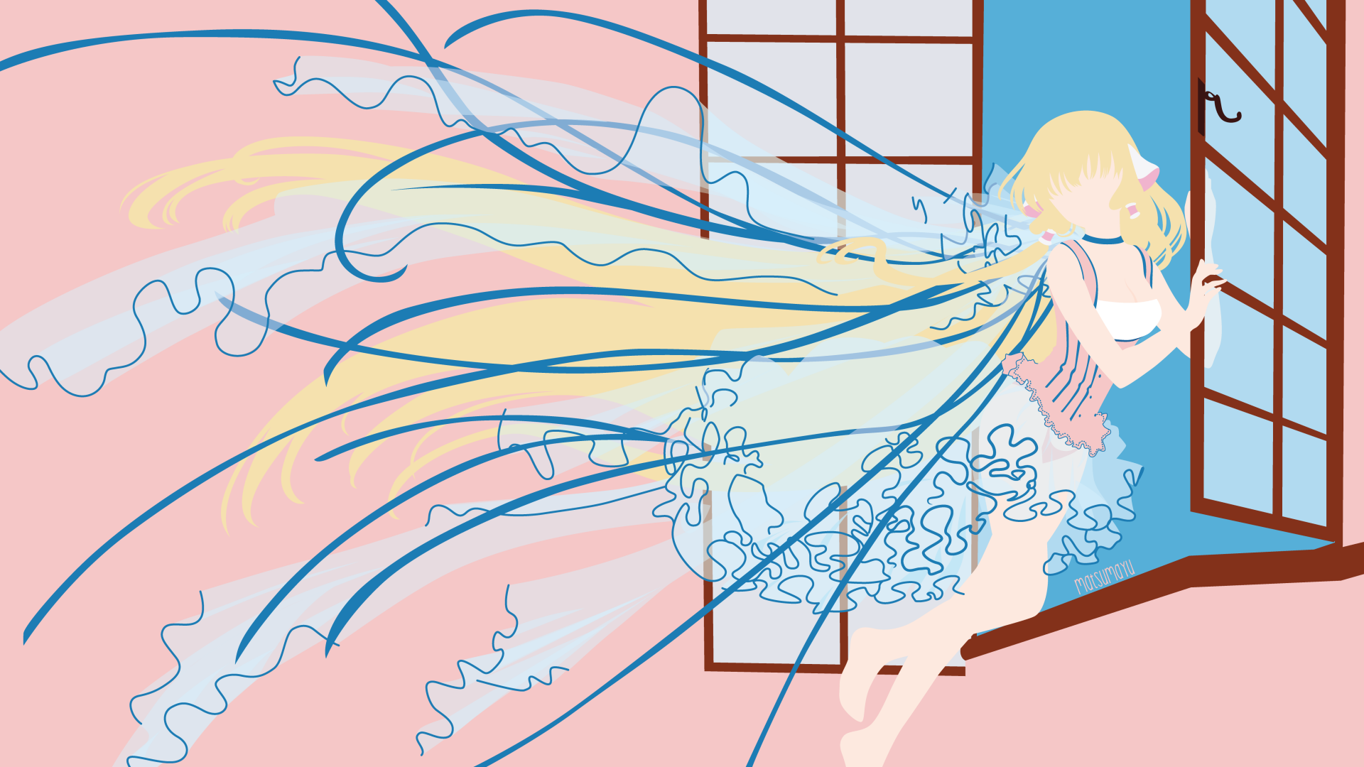 Anime Chi from Chobits in pastel 5K Ultra HD PC desktop wallpaper: flowing long hair and frilly dress at an open window, soft blues and pinks.