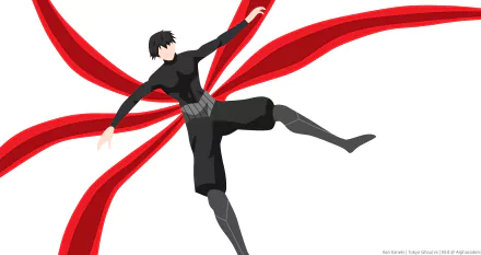 Minimalist 8K Ultra HD anime desktop wallpaper of Ken Kaneki (black hair) from Tokyo Ghoul: flowing red kagune tendrils radiate from his back.