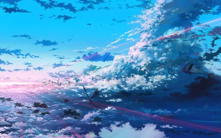 HD desktop wallpaper featuring a fantasy scene with dragons soaring among vibrant clouds under a blue sky.