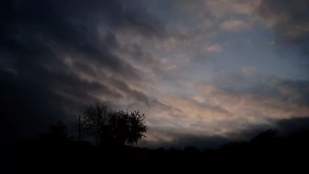 HD PC desktop wallpaper of nature: moody twilight sky with layered clouds sweeping over silhouetted trees and horizon.