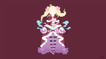 Minimalist 4K Ultra HD PC wallpaper of Beatrice from Re:Zero - Starting Life in Another World: pastel flat silhouette with frilly dress and twin drills on a maroon field, minimalist anime.