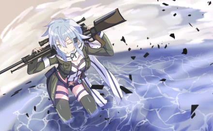 Shino Asada from Sword Art Online II wielding a sniper rifle, set against a dynamic water and sky background in a 4K Ultra HD anime desktop wallpaper.