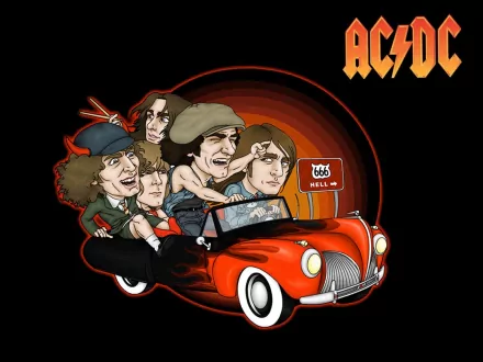 A vibrant HD desktop wallpaper featuring a cartoon-style illustration of the iconic rock band AC/DC, driving a red car with a fiery background and bold “AC/DC” logo.