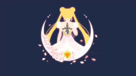 HD anime desktop wallpaper featuring Princess Serenity from Sailor Moon, depicted sitting gracefully on a crescent moon with flowing hair and a glowing sword.