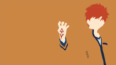 HD PC desktop wallpaper of Shirou Emiya (Fate/Stay Night: Unlimited Blade Works), minimalist art with his upper body and command-sealed raised hand on a flat orange background.