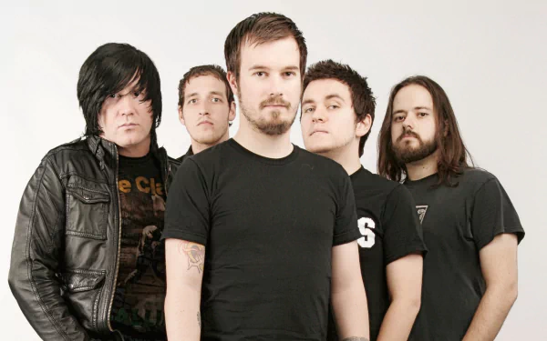 HD desktop wallpaper featuring the members of the band Funeral for a Friend on a plain background.